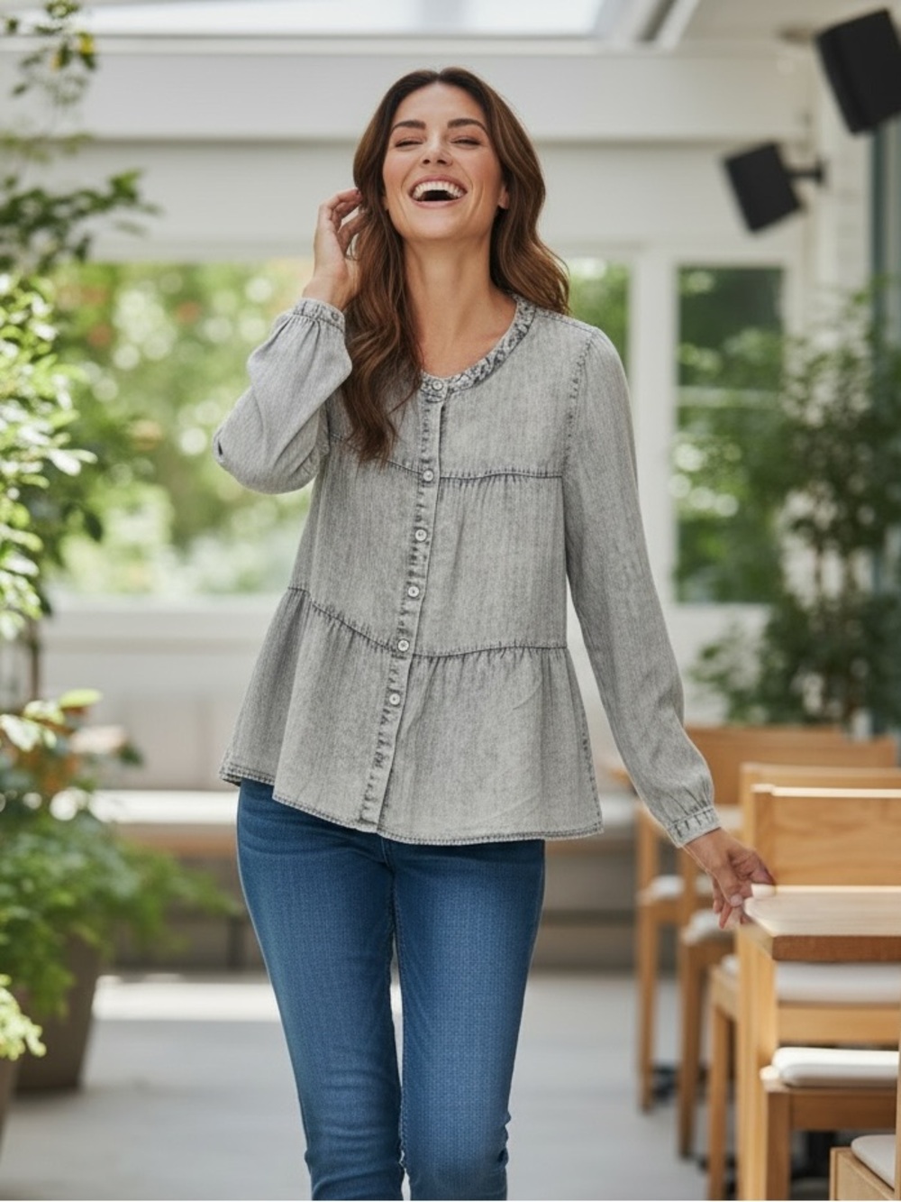 NWT Jane + Delancey Acid Wash Chambray Peplum Blouse Size L - Picture 2 of 12